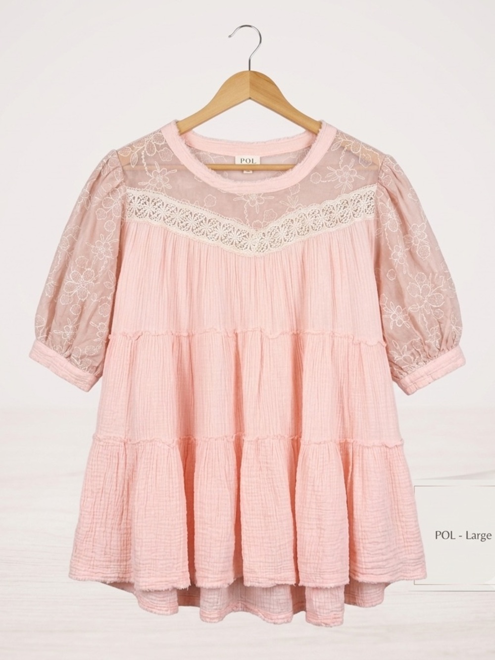 POL Blush Pink Tiered Gauze Peasant Blouse with Lace Yoke